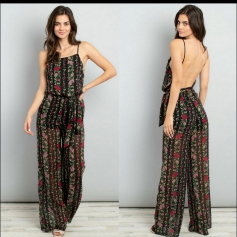 New modern floral backless maxi jumpsuit length sheer after knees M